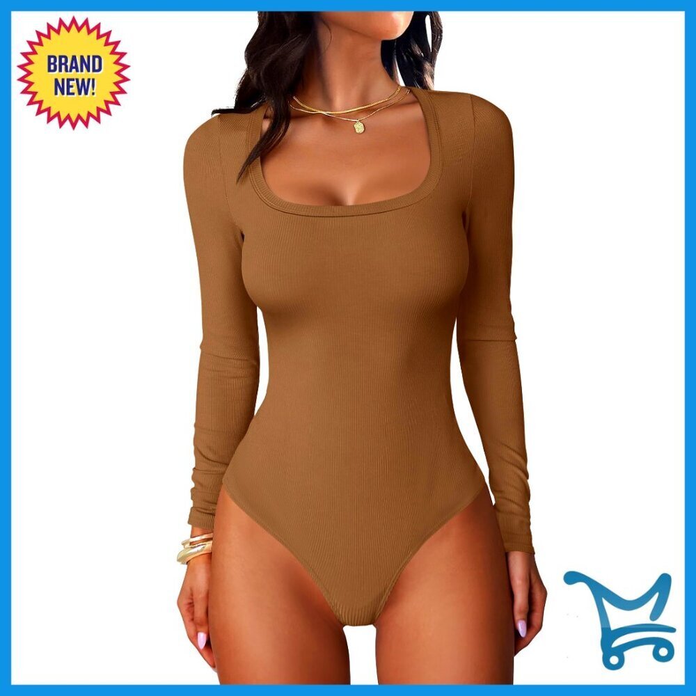 Slim Fit Ribbed Knit Bodysuit Long Sleeve Scoop Neck Fall Fashion